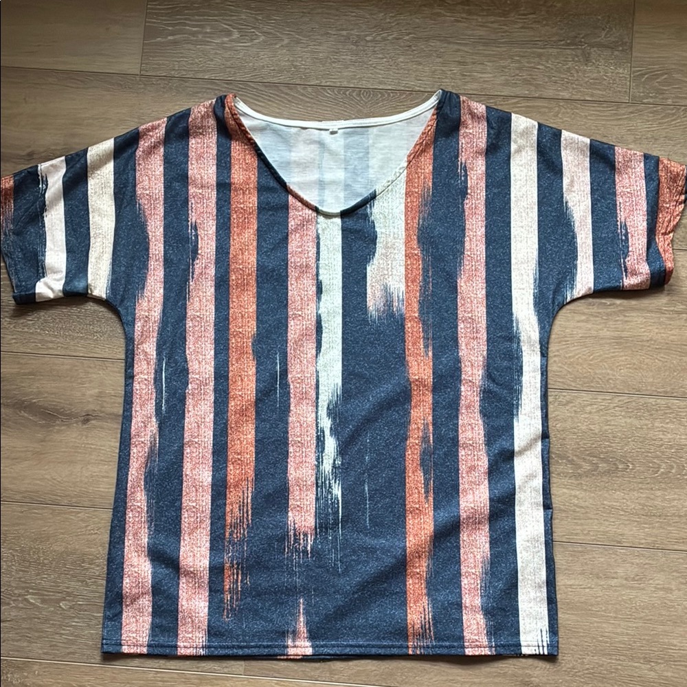Blue and Orange Short Sleeve Tee with Artistic Stripes